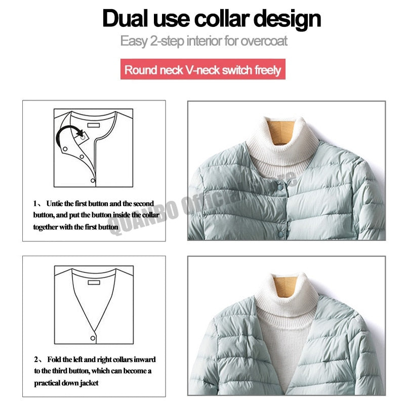 Women's Ultra Light 90% Duck Down Jacket Collarless O-Neck Winter Puffer Coat