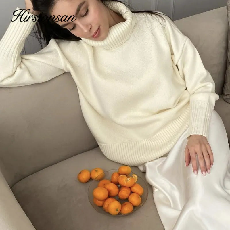 Women's Turtle Neck Winter Sweater Elegant Thick Warm Knitted Pullover Loose Fit