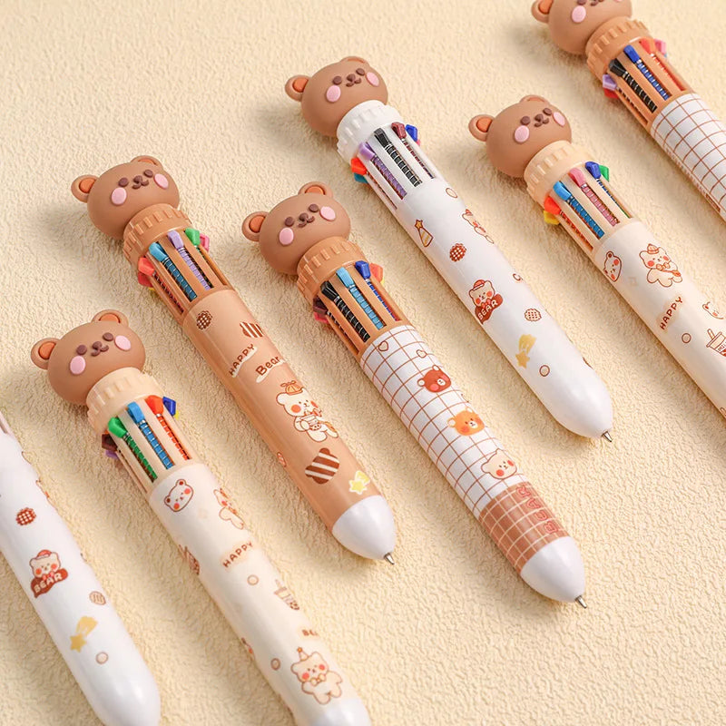 10-Color Ballpoint Pens Cartoon Bear Theme 0.5mm Colorful Ink Gel Pens Silicone Kids Student Pens School Office Supplies Stationery