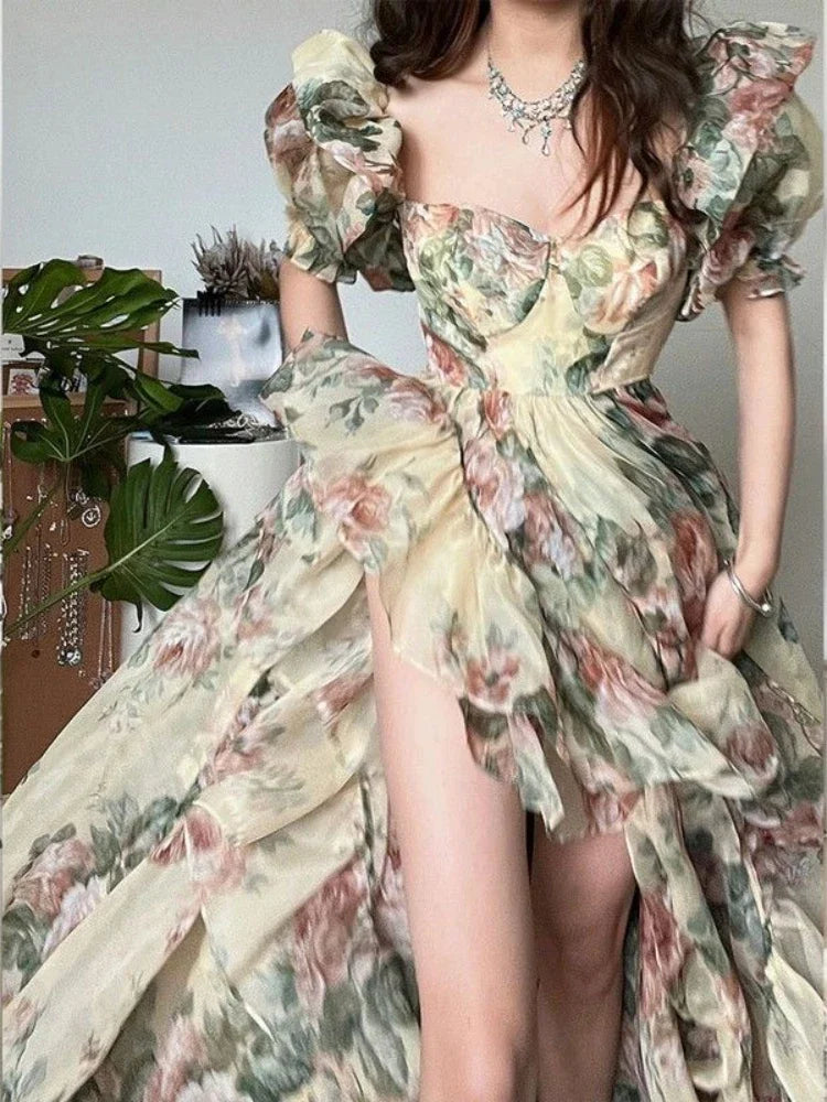 Floral Print Evening Party Dress  with Puff Sleeves Elegant Princess Long Dress French Fashion Vintage Summer Dress