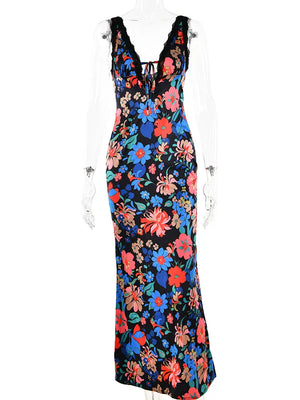 Elegant V-neck Slip Floral Print Satin Maxi Dress For Women Summer Backless Lace Bodycon Beach Party Dresses