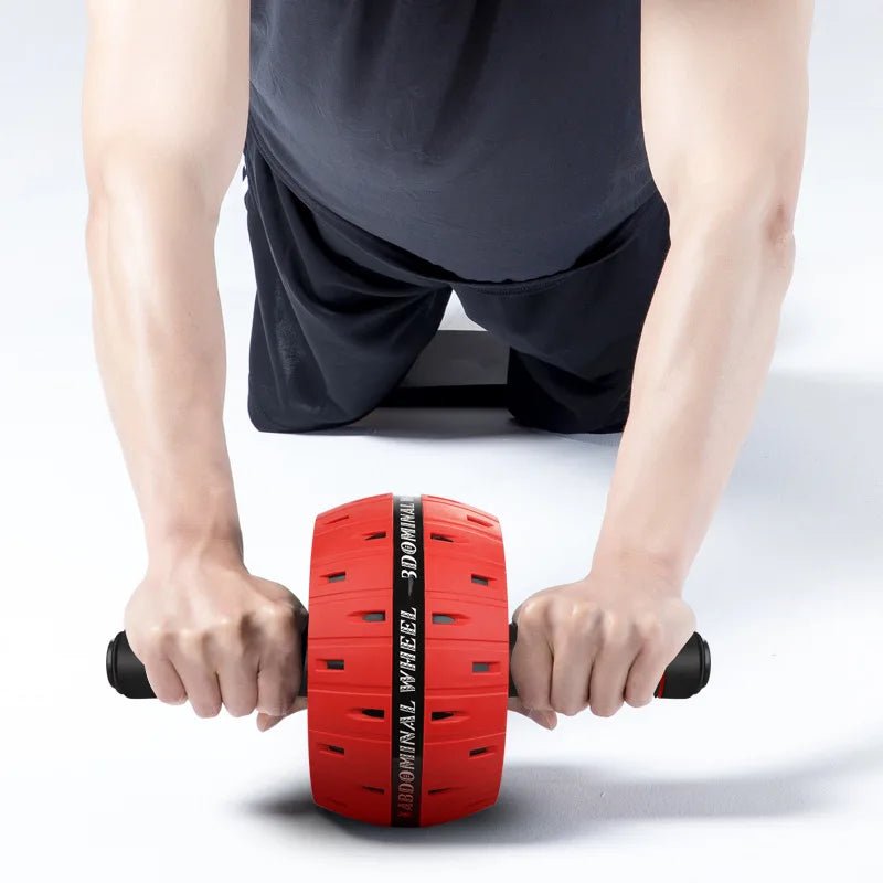Person using a red ab roller on a white background