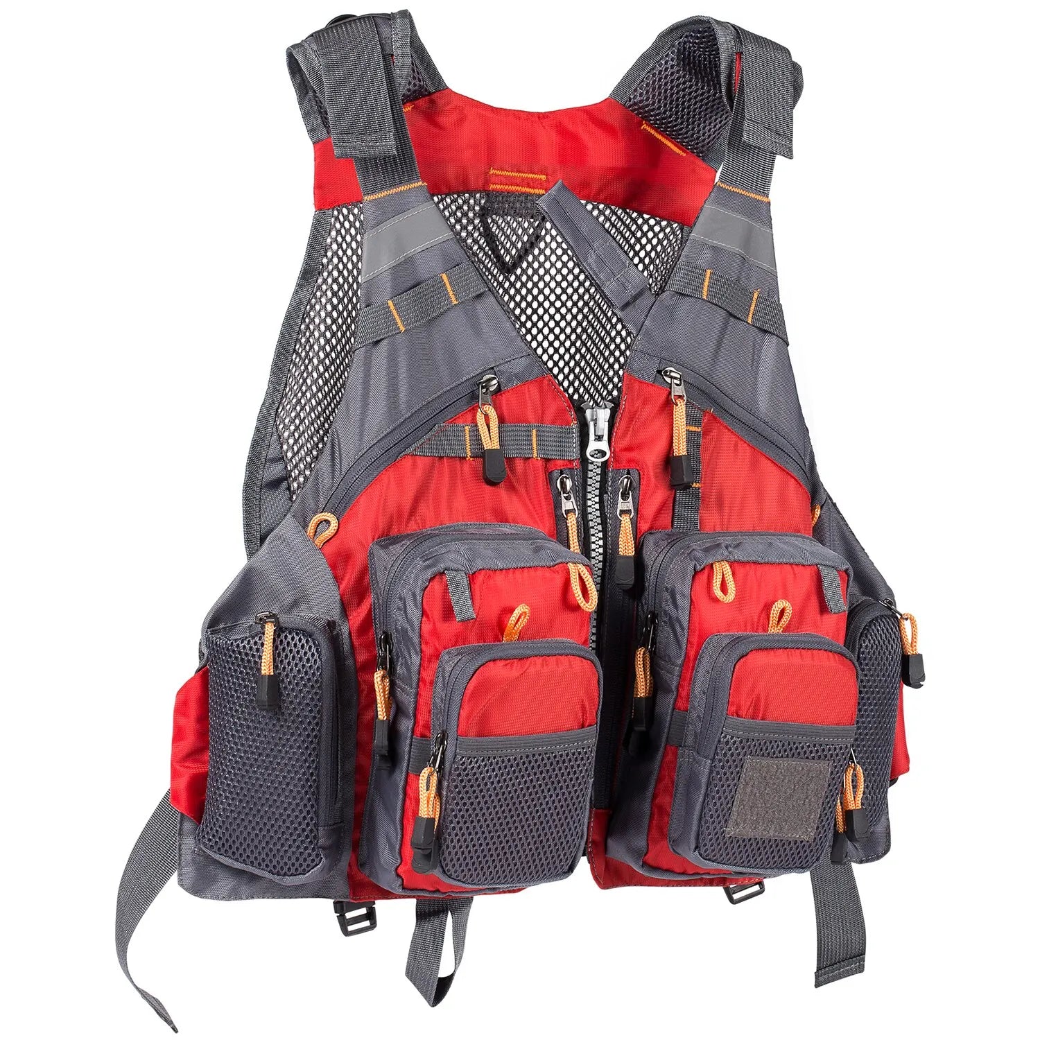 Red and gray fishing vest with multiple pockets on a white background