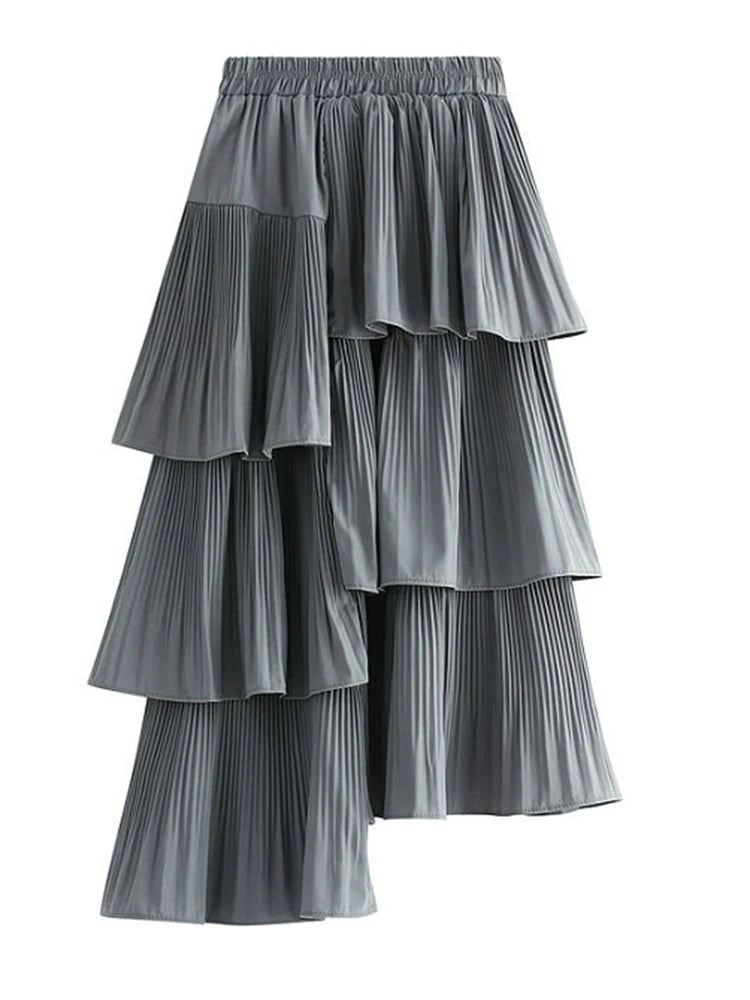 Asymmetric Pleated Skirt Women's Ruffle Irregular Hem Layered Midi Skirts