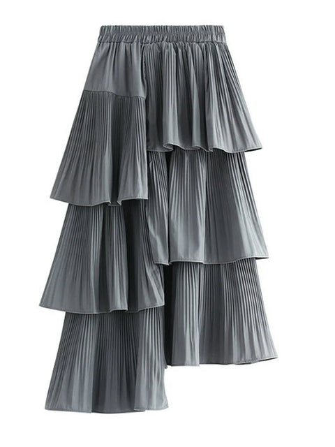 Midi Skirt Women Asymmetric Pleated Ruffle Irregular Hem Layered Elegant Casual Fashion Skirt