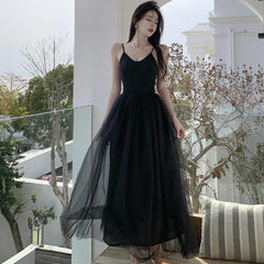 Women's Sleeveless Dress Mesh Long A-line V Neck Party Evening Gown