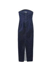 Women's Strapless Backless Zipper Split Dress Blue Denim Long Party Frayed Dress