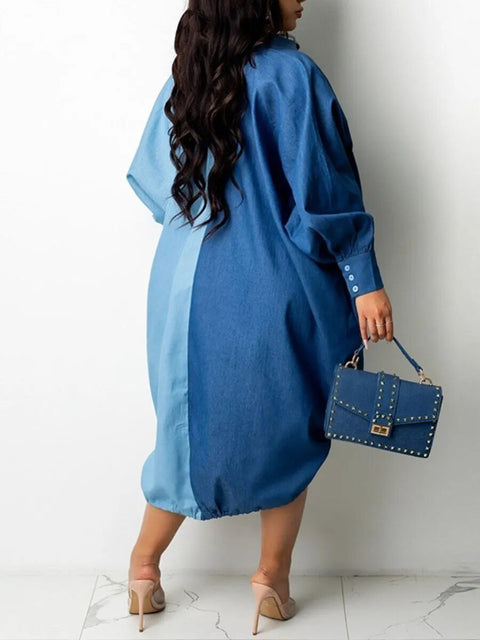 Plus Size Denim Shirt Dress Women Drawstring Patchwork Button Down Long Sleeve Casual Fashion