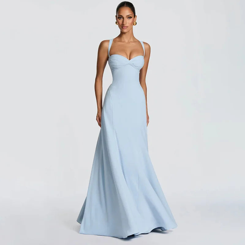 Light blue evening gown on a model against a plain background