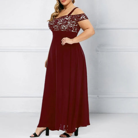Burgundy off-shoulder dress with lace details on a white background