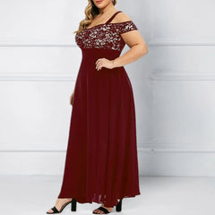 Burgundy off-shoulder dress with lace details on a white background