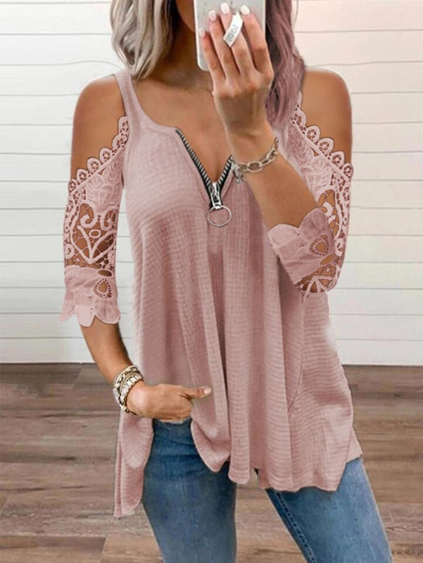 Women's Oversized T-Shirt Cutout Black Lace 3/4 Sleeves Casual V-Neck Tops