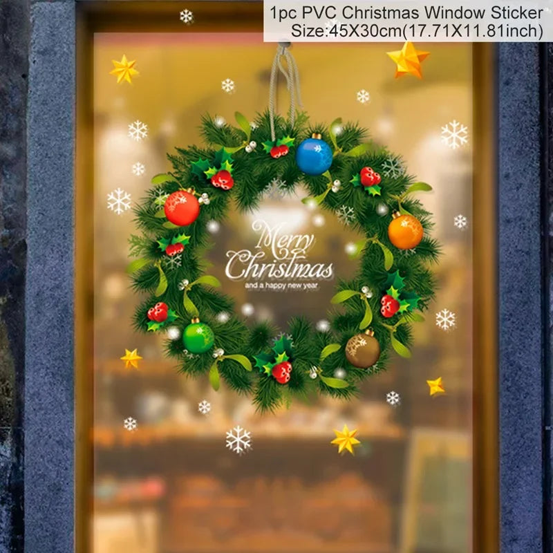 Christmas wreath window sticker with colorful ornaments and 'Merry Christmas' text on a glass door.