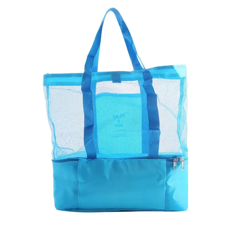 Large Mesh Beach Travel Tote Bag with Insulated Cooler Compartment Insulated Double Layer Picnic Ice Bag