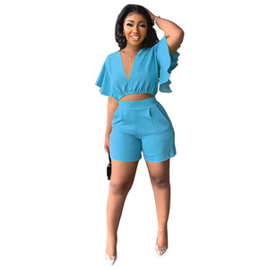 V Neck Crop and Shorts Set for Women  Ruffled Sleeve Top Shorts with Pockets