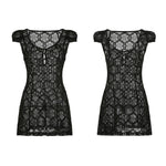 Vintage Retro Summer Lace See-Through Short Dress Cap Sleeve V-Neck Hollow Out Button Down Short A-line Dress