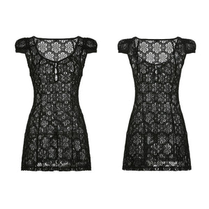 Vintage Retro Summer Lace See-Through Short Dress Cap Sleeve V-Neck Hollow Out Button Down Short A-line Dress