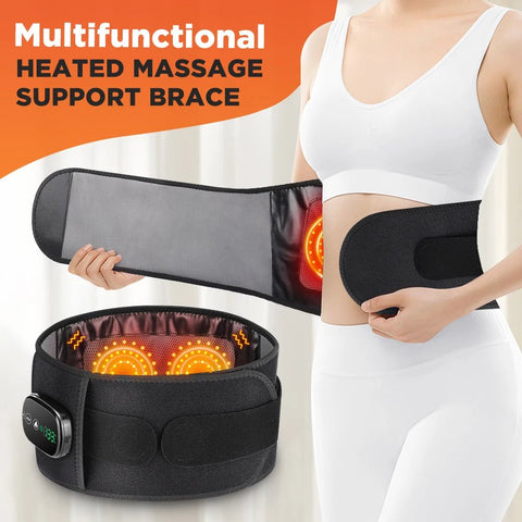 Multifunctional heated massage support brace with a person wearing it, on an orange and white background.