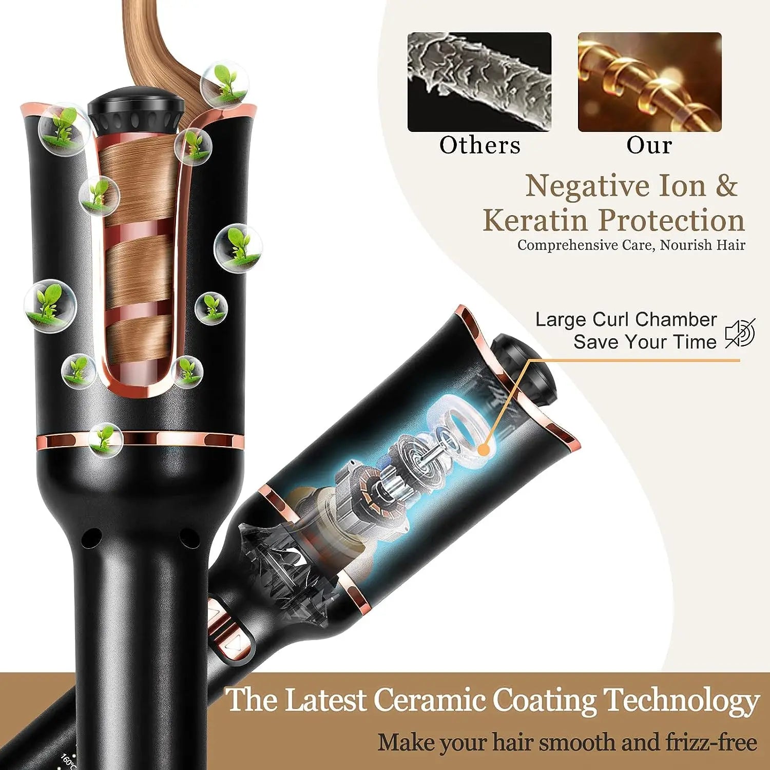 Hair styling tool with negative ion and keratin protection features, showing detailed design and technology.