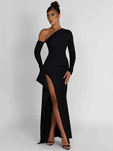 Oblique Shoulder Maxi Dress Women Thigh-High Split Long Sleeve Half Backless Bodycon Wedding Prom