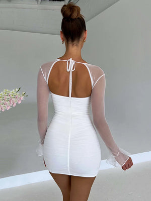 Elegant Backless Sexy Mini Dress For Women Two Layer Mesh Full Sleeve Zipper Bodycon Club Party Short Dress