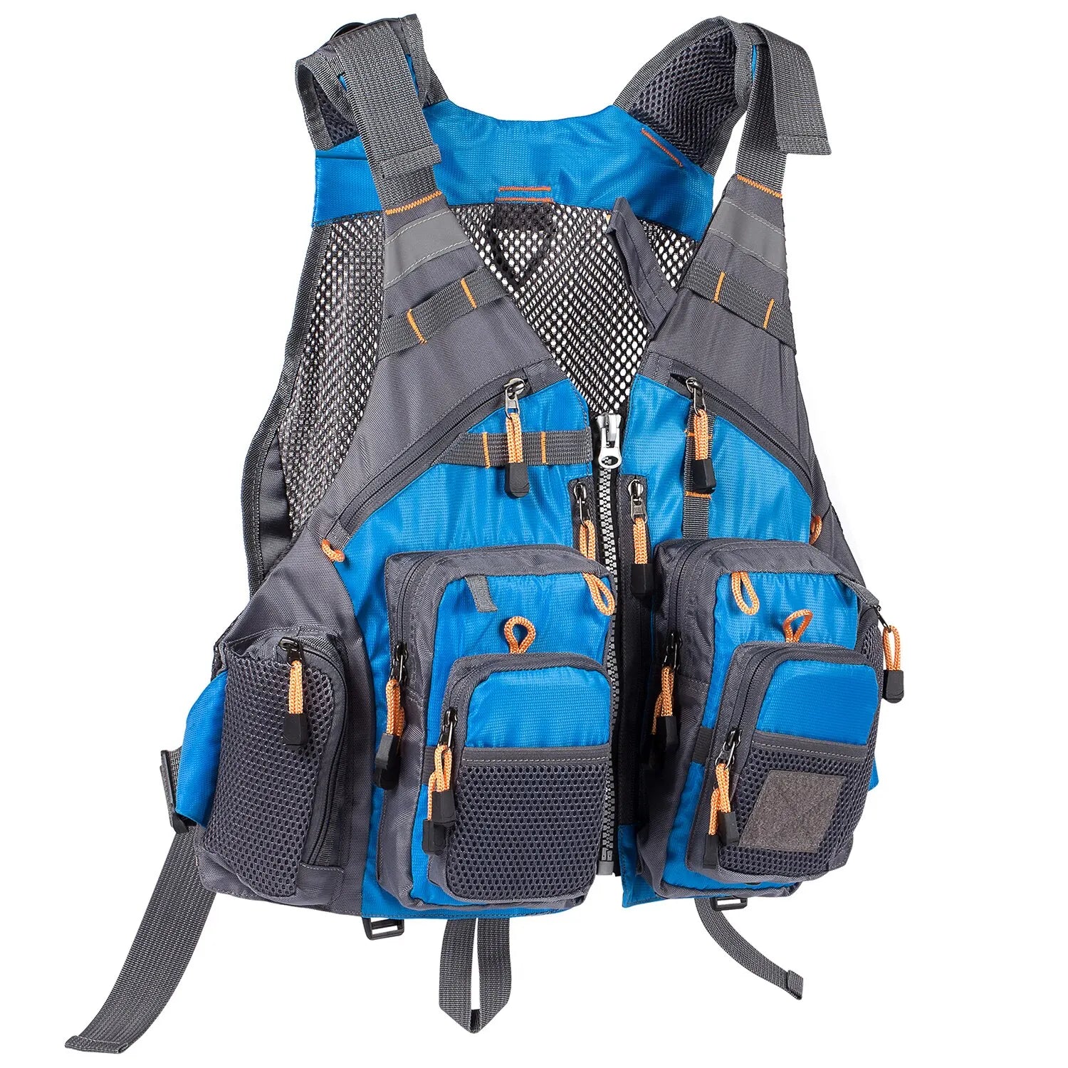 Blue and gray fishing vest with multiple pockets on a white background