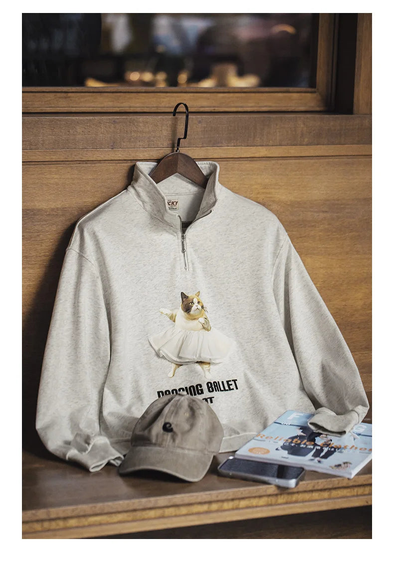 Dancing Ballet Cat Half-Cardigan Cartoon Sweatshirt Stand Collar Casual Loose Top Long Sleeve Pullover Light Gray Sweat Top