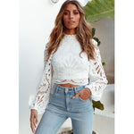 Elegant White Lace Crochet Blouse Hollow Out Cropped Lantern Sleeve Boho Retro Top