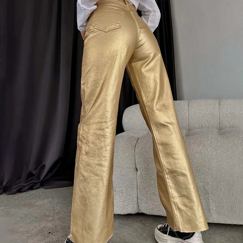 Gold & Silver High-Waist Metallic Straight Loose Fit Pants for Parties & Events