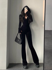 Boutique Fashion Black Velvet Hooded Jumpsuit Long Sleeves Flare Pants Slim Rompers w/ Zipper