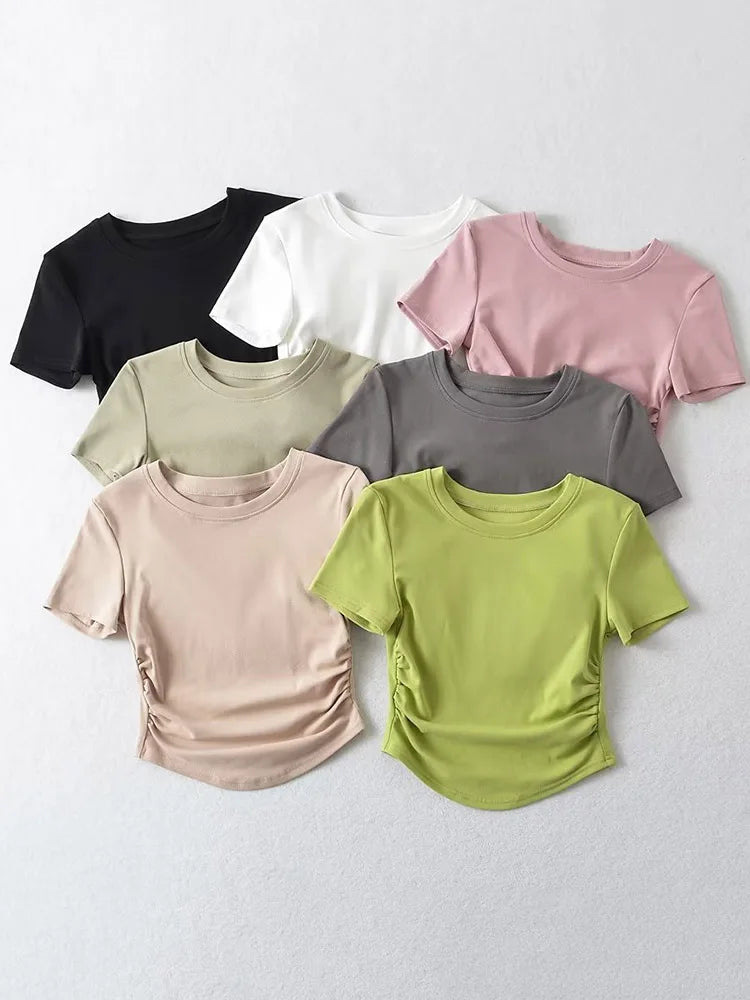 Women's Crew Neck Short Sleeve Cotton Tee With Ruched Sides New Fashion T-Shirts