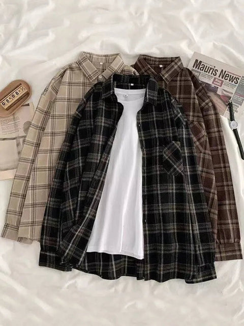 Plaid Shirt Women Vintage Long Sleeve Oversized Button-Up Loose Casual Autumn Winter Fashion Top
