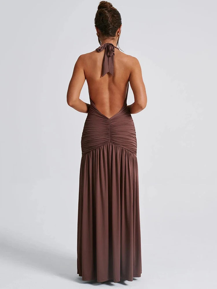 Elegant Halter Maxi Dress with High Slit in Deep Burgundy Black & White Colors