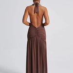 Elegant Halter Maxi Dress with High Slit in Deep Burgundy Black & White Colors