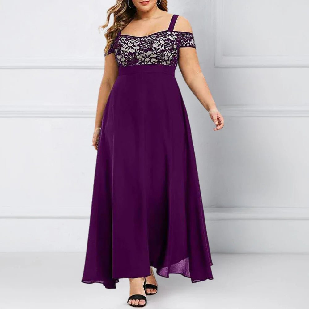 Purple evening gown with lace detailing on a white background