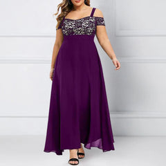 Purple evening gown with lace detailing on a white background