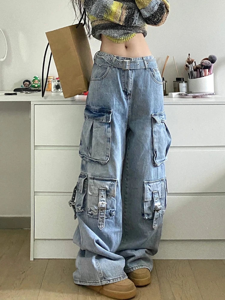 Cargo Jeans American Style Street Style Baggy Cargo Pants for Women Multi-pocket Wide Leg Denims