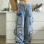 Cargo Jeans American Style Street Style Baggy Cargo Pants for Women Multi-pocket Wide Leg Denims