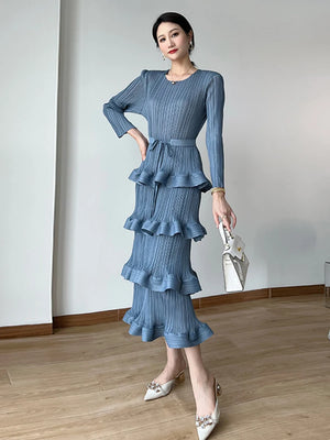 Long Pleated 4-Layer Dress for Women Round Neck Solid Color Ruffles Cake Belt Elegant Cocktail Dress Wedding