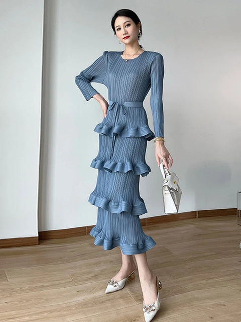 Midi Dress Women Long Pleated 4-Layer Round Neck Solid Ruffle Cake Belt Elegant Cocktail Wedding