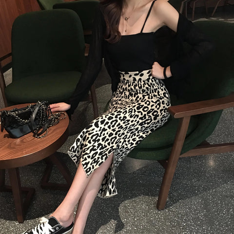 Midi Skirt Women Long Leopard Print Slit High Waist Knitted Casual Elegant Fashion Skirt