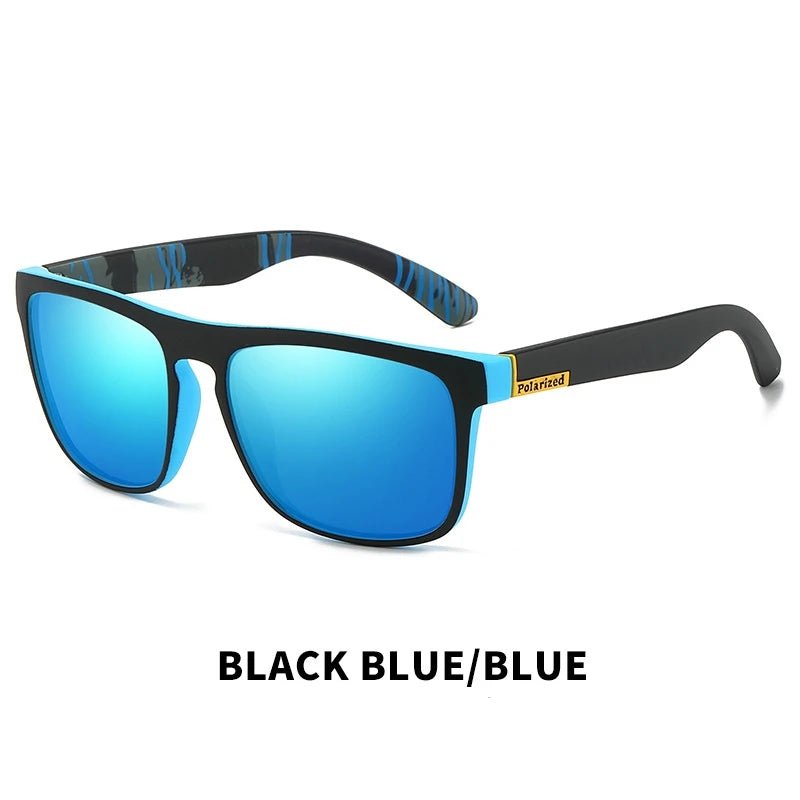 Black and blue sunglasses with a 'Polarized' label on a white background