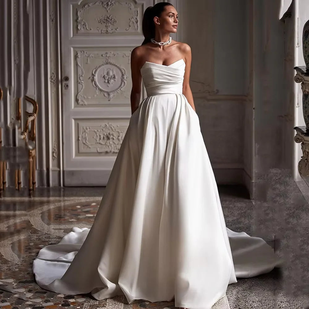 Satin A-Line Wedding Dress Women Sweetheart Pleated Floor Length Custom Size 2-26W Bridal Gown