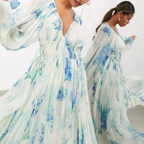 Maxi Dress Women Elegant Floral Print V-Neck Drawstring Elastic Waist Chiffon Long Sleeve Pleated Casual