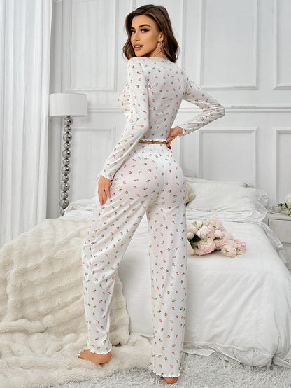 Floral Print Long-Sleeve Pajama Pant Set Nightwear