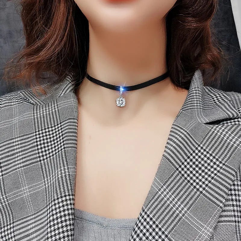 Glitter Shiny Cubic Zirconia Choker Pendant Sexy Black Leather Short Necklace for Women Aesthetic Jewelry Accessories