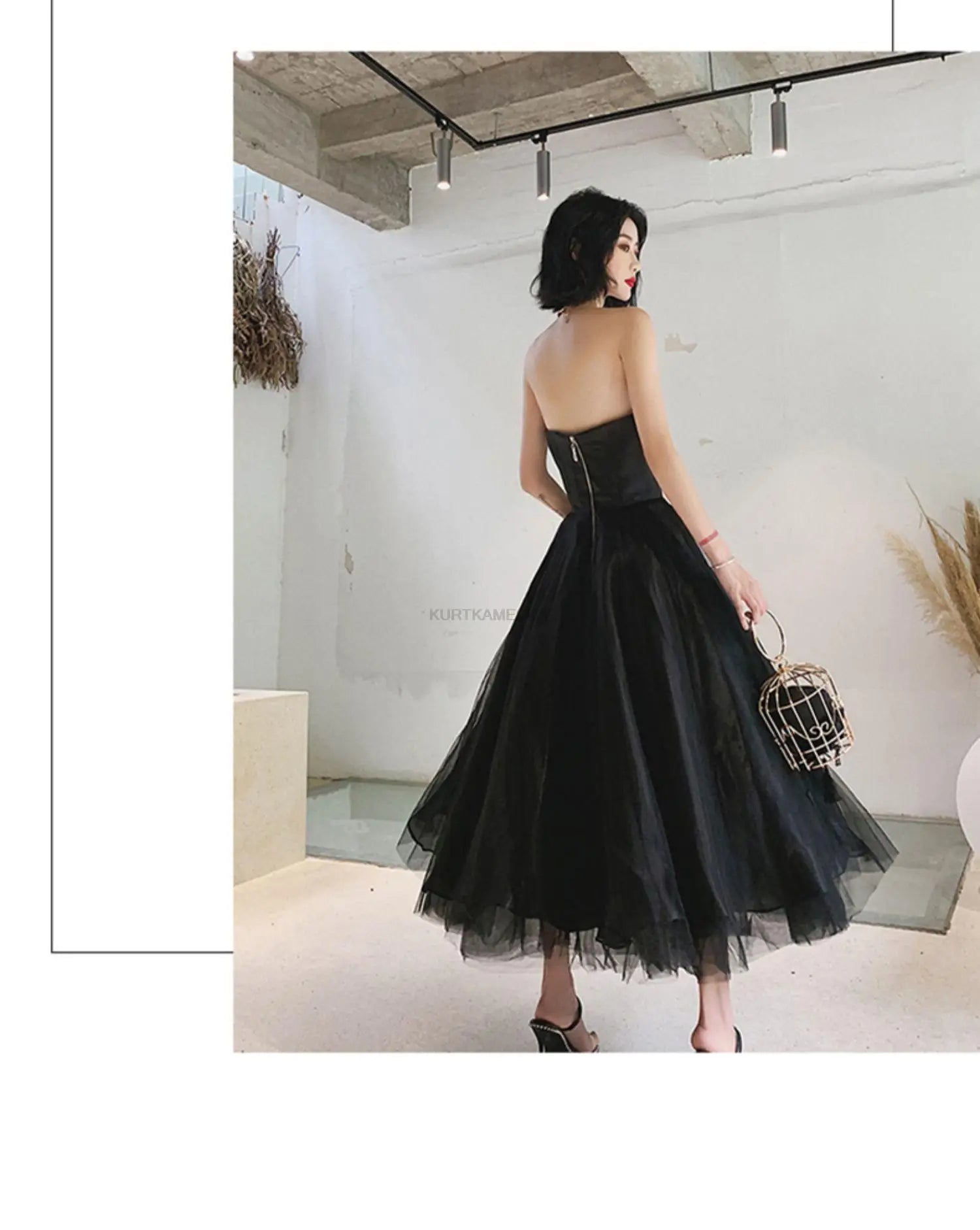 Elegant Strapless Black Tulle Midi Dress Prom Gown