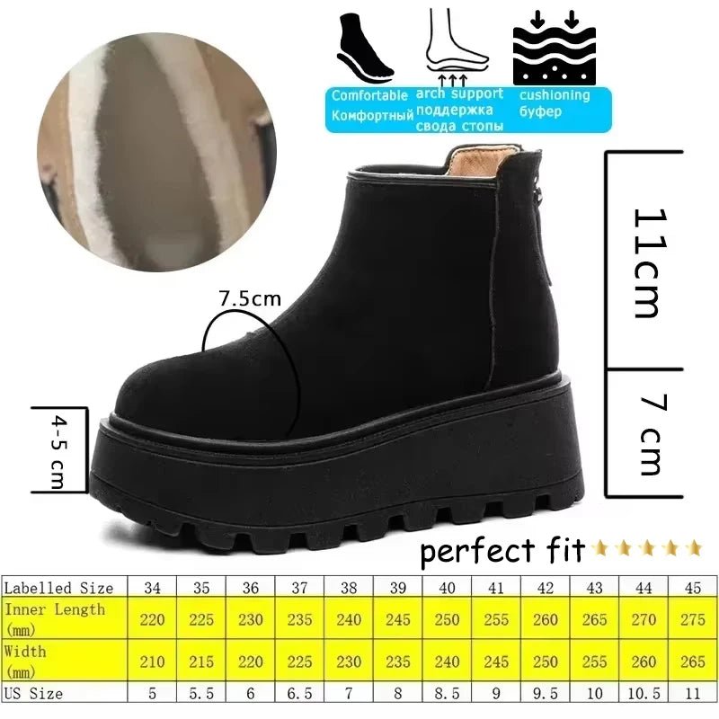 Black ankle boot with measurements and features on a white background