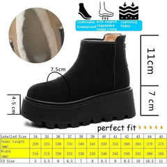 Black ankle boot with measurements and features on a white background