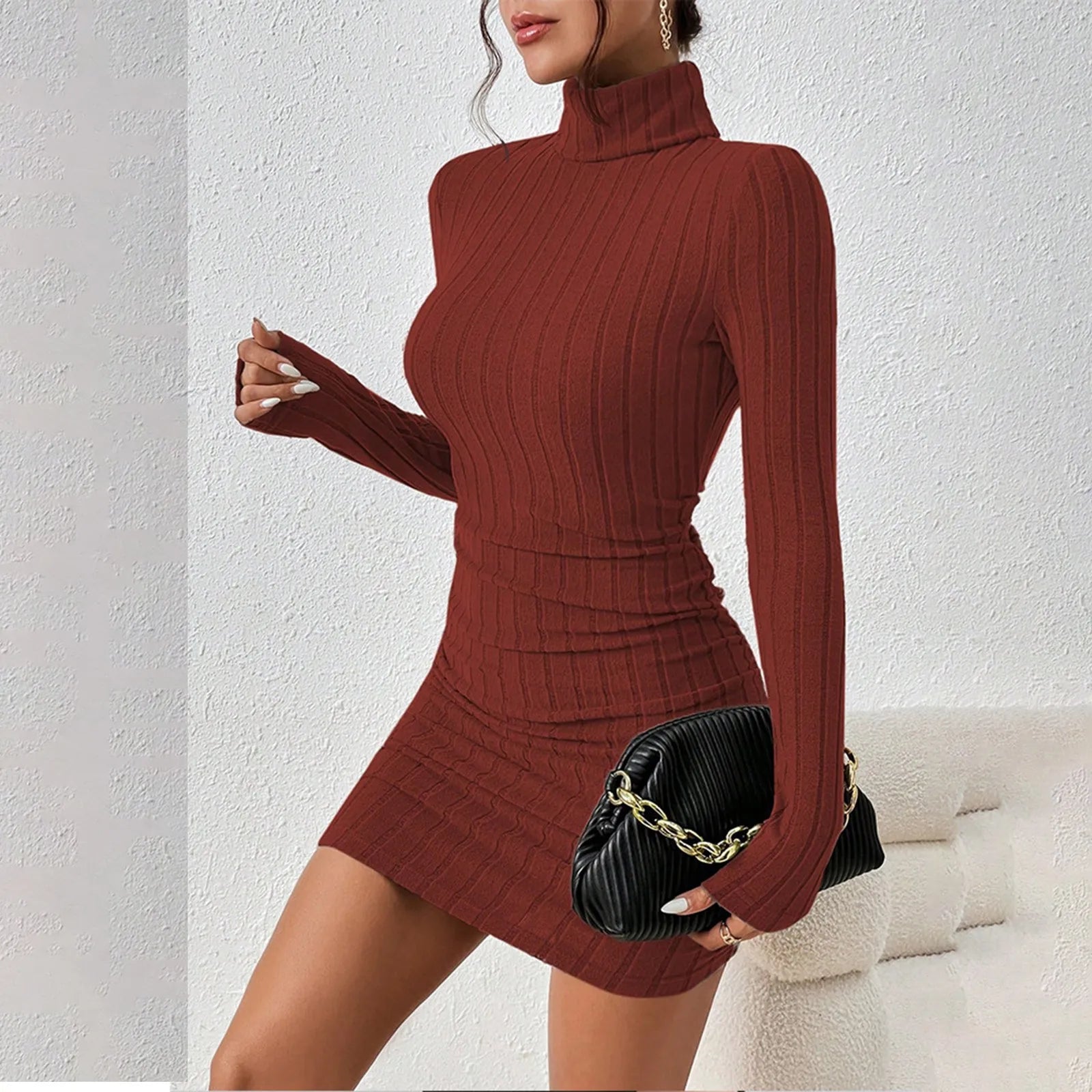 Women's bodycon knit mini dress, turtleneck, available in 5 colors